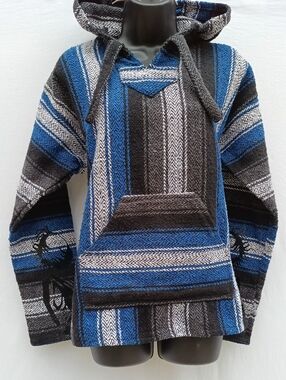 Striped Hooded Pullover V-Neck Sweater in Blue and Gray